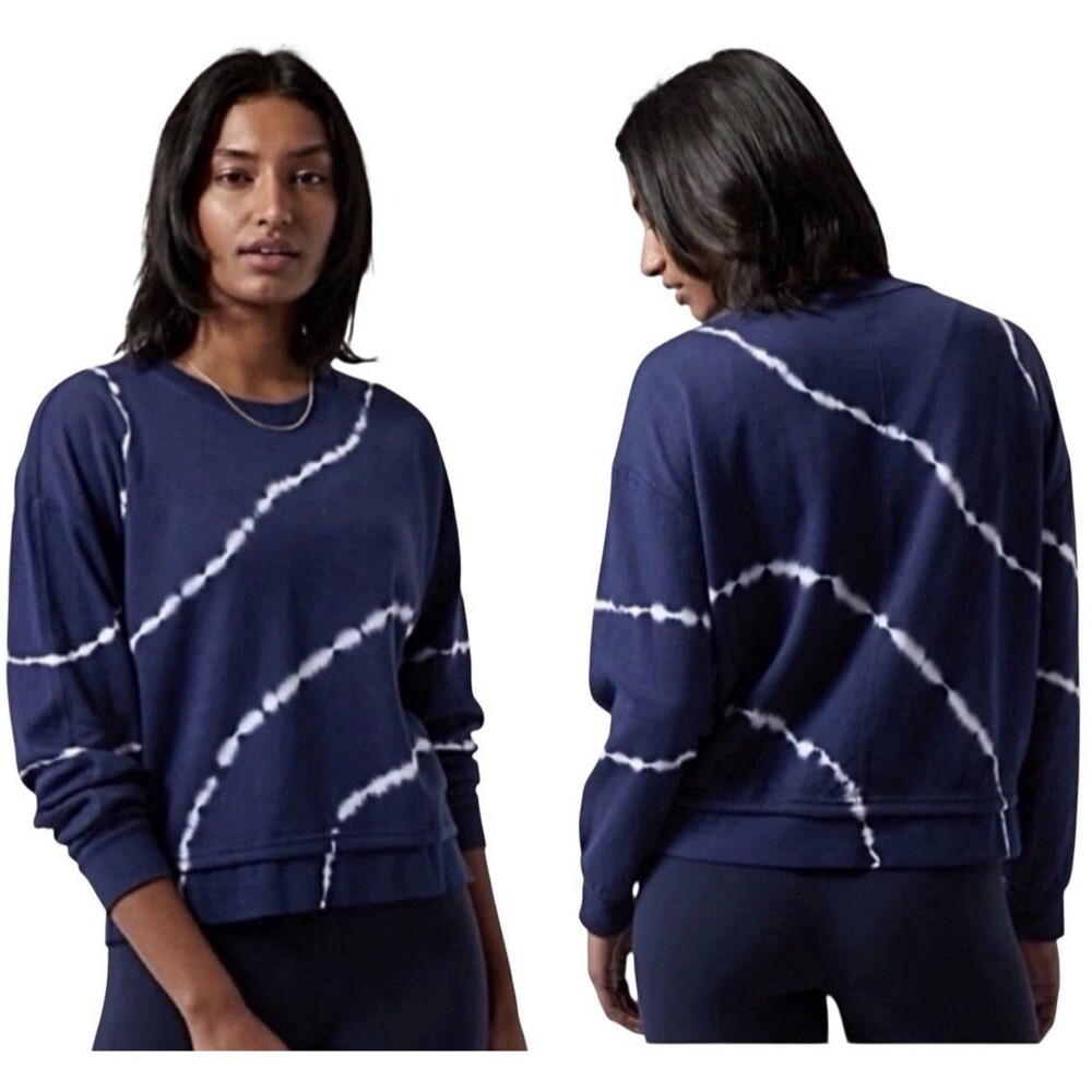 Athleta Sundown Sweatshirt M Navy Blue Tie Dye Crewneck Pullover Athleisure Chic